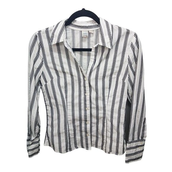SO Womens Sz M White Black Striped Long Sleeve Button Down Blouse - Picture 1 of 9